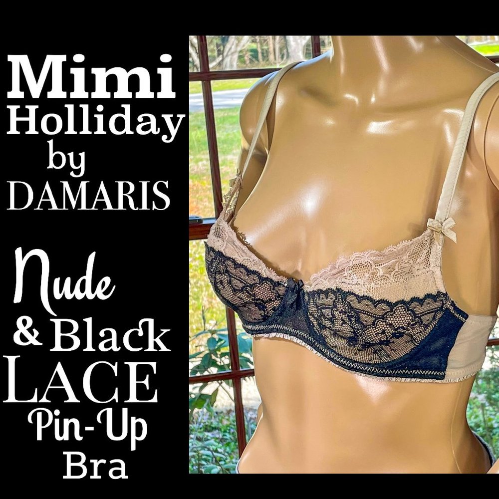 ▪️MIMI HOLLIDAY▪️DAMARIS▪️Nude & Black Lace Bows & Satin Retro Pin-Up Bra
